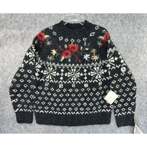 Nordic Traditional Hand Knit Shetland Wool Pullover Fair Isle Gray Rose Size M - Picture 1 of 9